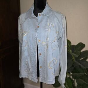 Coldwater Creek Embroidered Denim Jacket Women L Light Blue Floral Cotton